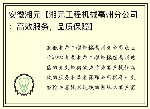 安徽湘元【湘元工程机械亳州分公司：高效服务，品质保障】